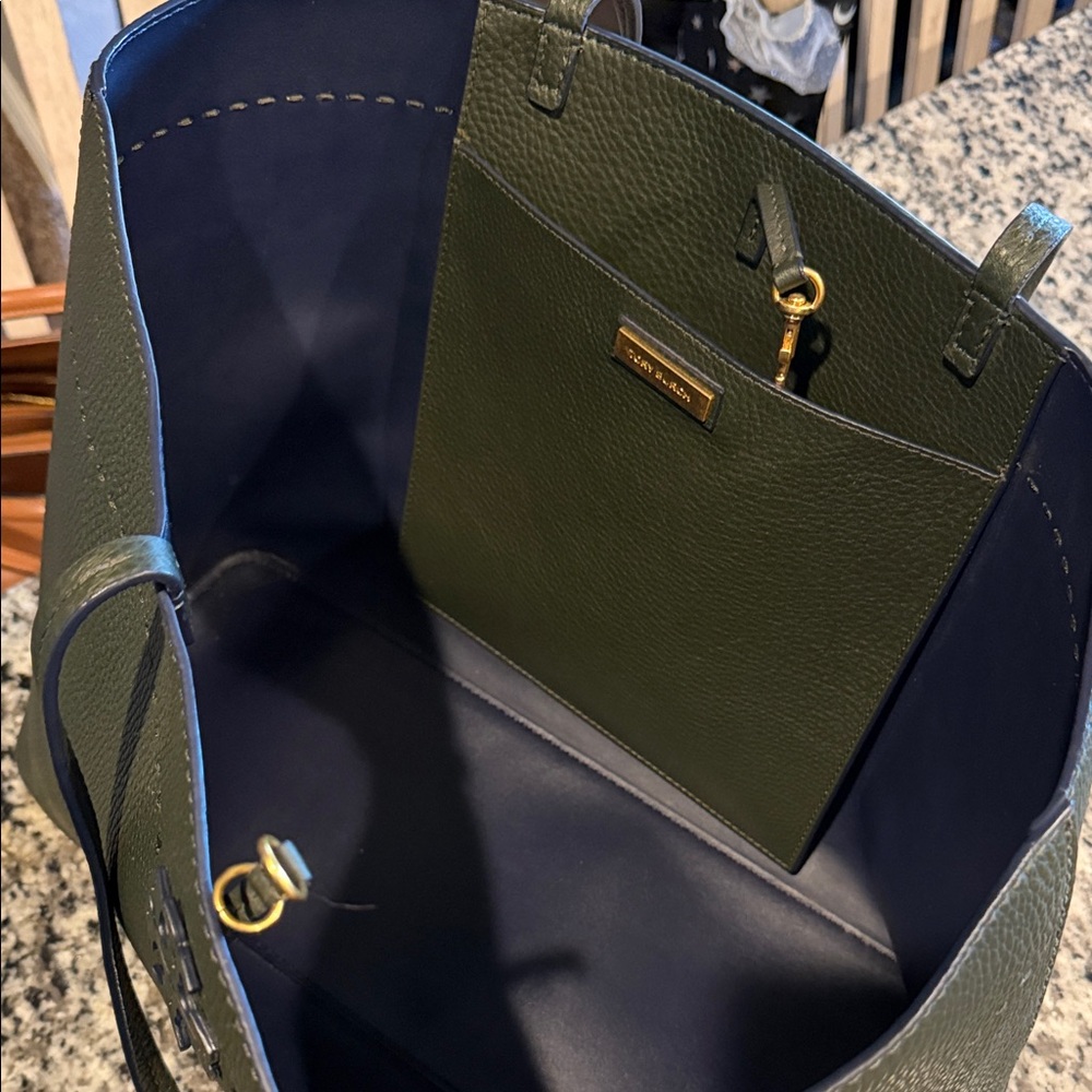 Tory Burch Olive Green and Navy McGraw Tote - Picture 2 of 10